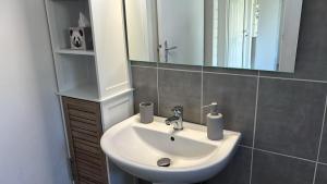 a bathroom with a sink and a mirror at Kaz Taïnos in Baie-Mahault