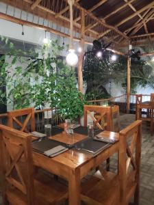 a wooden table in a room with a plant at Neem Tree House, Trincomalee in Trincomalee
