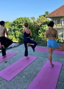 a group of people doing yoga on mats at Sepeda Hostel in Canggu