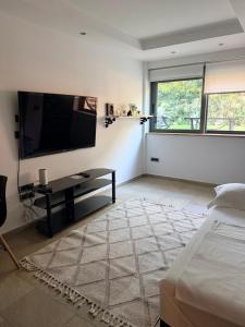 a living room with a flat screen tv on the wall at Апартаменты в Вари in Vari