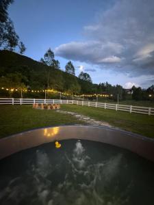 a hot tub in a field next to a fence at Cabana Gala Doftanei in Trăisteni