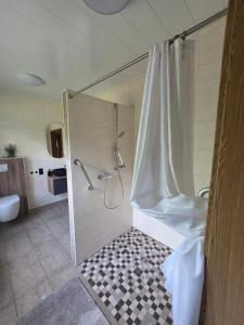 a bathroom with a shower with a shower curtain at Haus Thieke in Rhederfeld +44 photos