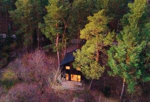 an aerial view of a cabin in the middle of a forest at Gniazdowo nad rzeką - dom z sauną i masażem in Łochów