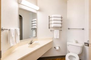 a bathroom with a sink and a toilet and a mirror at Econo Lodge Menomonie in Menomonie +16 photos
