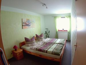 Un dormitorio con una cama con almohadas moradas y una ventana en Ferienwohnung Giesa, en Jena