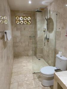 a bathroom with a toilet and a glass shower at Bali View Ubud Hotel in Ubud