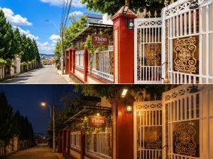 two pictures of a building with a sign that reads hotel at Thềm Homestay in Da Thien