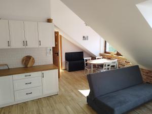 a kitchen and living room with a couch and a table at Apartament Karmelicka in Wadowice