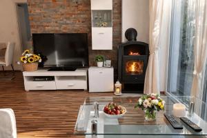 a living room with a fireplace and a television at Ferienwohnungen Gutenbrunn in Gutenbrunn