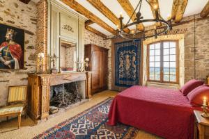 a bedroom with a bed and a fireplace at Château de Chalus-Chabrol in Châlus