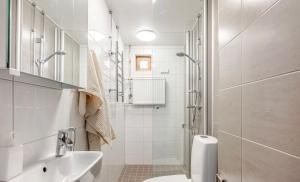 a bathroom with a toilet and a sink and a shower at City Home Kalliossa in Helsinki