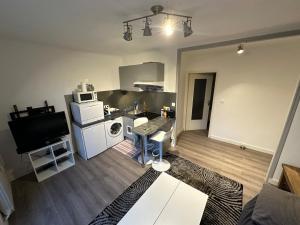 a living room with a kitchen and a living room at Super appartement avec balcon in Rodez