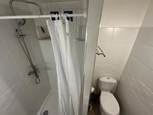 a white bathroom with a shower and a toilet at Super appartement avec balcon in Rodez