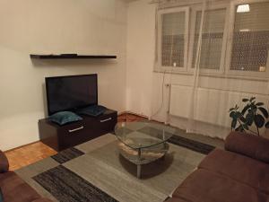 a living room with a tv and a glass table at njegoševa in Derventa
