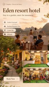 a collage of pictures of a resort at Yangshuo Eden's Social Guesthouse - cozy garden courtyard & fresh craft coffee & night beers & outdoor activities in Yangshuo