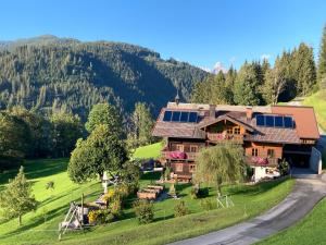 an aerial view of a house in the mountains at Bio-Bauernhof Nichlgut in Eben im Pongau