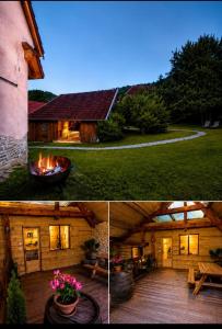 two pictures of a house with a fire pit at Cabane Des Boiseries in Esnans