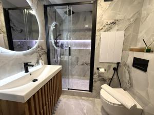 a bathroom with a shower and a sink and a toilet at Sky View Apartmán 10 patro in Břeclav +6 photos