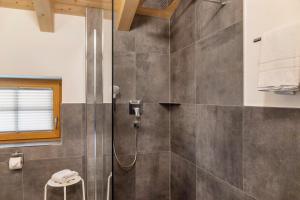 a bathroom with a shower with a stool in it at Haus Stoabock in Wallgau +25 photos