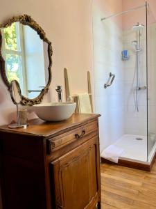 a bathroom with a sink and a shower with a mirror at Chateau Mas Levrault in Saint-Priest-Taurion +25 photos