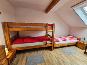 two bunk beds in a room with a window at Ferienhof van Vlyten_ 45006 in Jemgum