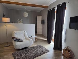 a living room with a chair and a television at Donna Plitvice Lakes in Grabovac