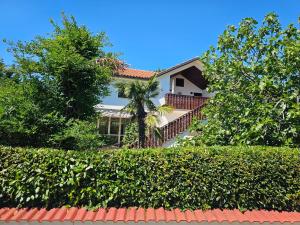 a house behind a hedge with a tree at Ferienwohnung Prestele in Risika