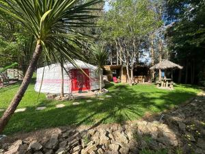 a yurt in a yard with a palm tree at Yourte avec bain nordique in Quimper