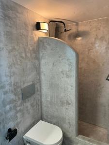 a bathroom with a white toilet and a shower at Ontas in Tholária