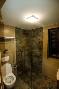 a bathroom with a toilet and a glass shower at Motel Gradina in Bosansko Grahovo +15 photos
