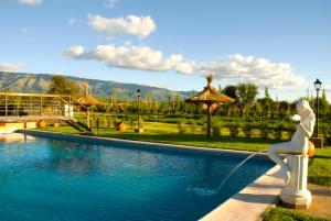 a statue of a woman standing next to a swimming pool at Lauquen Pilmaiquen y spa in Merlo