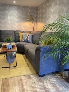 a living room with a blue couch and a table at Streamside Apartments in Yeovil
