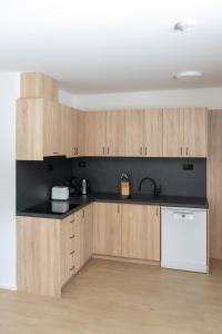 a kitchen with wooden cabinets and a white dishwasher at Apartmán nad pilou in Velké Meziříčí