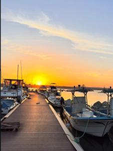 a group of boats docked at a dock at sunset at royalnest bnb in Mombasa