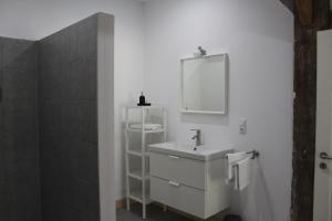 a white bathroom with a sink and a mirror at Biohof Holthusen in Hammelwarder Außendeich +125 photos