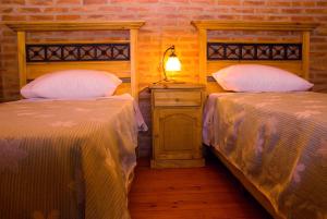 two beds in a room with a lamp on a night stand at Lauquen Pilmaiquen y spa in Merlo