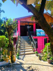 a pink building with stairs in front of it at Hillside Highway Cottages in Shillong