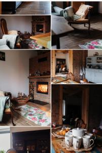 a collage of photos of a living room with a fireplace at Domek Pod Strzegominą in Szerzyny