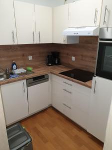 a kitchen with white cabinets and a counter top at Sauberghaus Wohnung 3 in Breitenbrunn