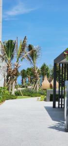 a group of palm trees and umbrellas on a beach at 4BR Beachfront Pantai Cenang Langkawi in Pantai Cenang