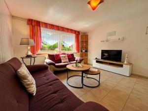 a living room with a couch and a tv at Damshagen Küstenkomfort in Damshagen