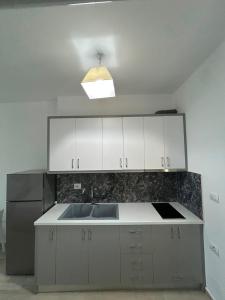 a kitchen with a sink and a refrigerator at Borsh sunset apartments in Borsh