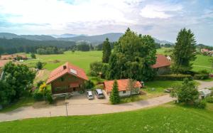 an aerial view of a house in a green field at Allgäu Holzhaus I Bergpanorama & Natur pur im Herzen des Allgäus! in Weitnau