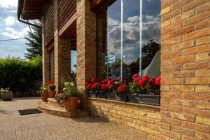 a window with a bunch of red flowers in it at Villa Diva in Budureasa