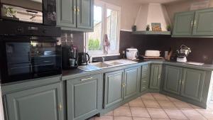 a kitchen with green cabinets and a sink at Les Freds in Ventavon