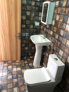 a bathroom with a toilet and a sink and a mirror at JIJIVISHA Homestay in Bhīm Tāl +42 photos