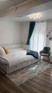 a bedroom with a bed and a chair on a rug at L'Appart, le Morvan tranquille in Lormes