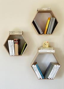 two wooden shelves with books on a wall at Blue Loft 360 in Patra