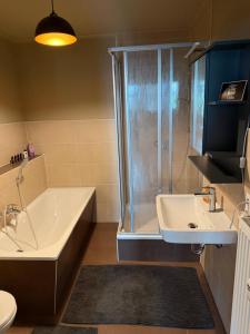 a bathroom with a tub and a shower and a sink at Exklusives und stilvoll eingerichtetes Apartment für Erwachsene in Bad Liebenwerda