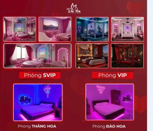 a collage of different pictures of a bedroom at Đào Hoa Love Hotel Đà Lạt in Da Lat